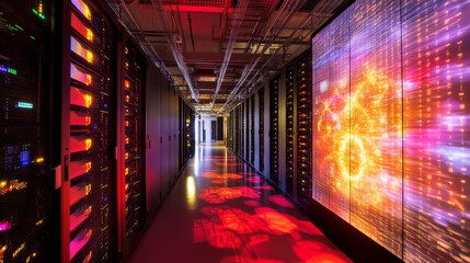 Fototapeta premium Shot of Corridor in Working Data Center Full of Rack Servers and Supercomputers with High Internet Visualisation Projection.