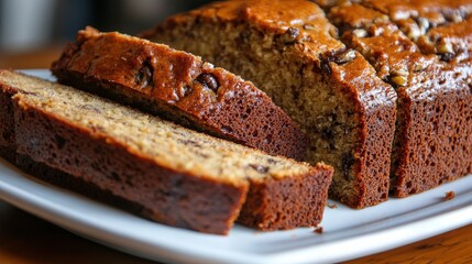 Warm banana bread, studded with chocolate chips, sits invitingly on a rustic table. A cozy, blurred background highlights the delicious treat