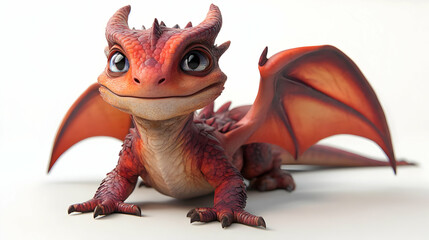Fototapeta premium Adorable Red Baby Dragon with Big Eyes Posing on White Background in Bright Studio Lighting Detailed Scales and Wings