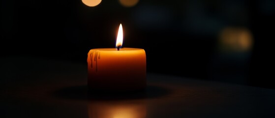 An intimate scene of a single burning candle casting a subtle light, creating a serene, calming ambiance in a darkened room.