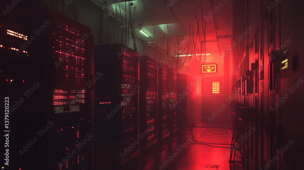 Poster wide-angle panorama shot of a working data center with rows of rack servers. red emergency led light