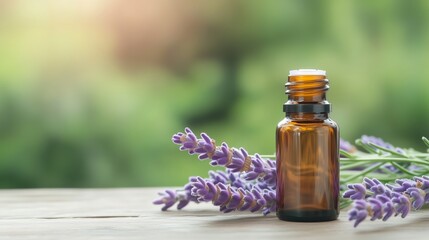 Lavender essential oil bottle placed next to fresh lavender flowers in a serene outdoor setting during golden hour