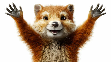 Adorable Red Panda with Upright Posture Open Arms Against Clean White Background In Captivating Studio Shot