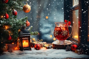 Glass mug with red holiday drink on snowy windowsill, Christmas tree and lantern glowing beside it.