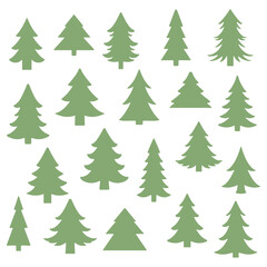 Fototapeta premium Vector illustration featuring a variety of green pine tree silhouettes. Perfect for design projects, patterns, and holiday-themed decorations. Includes various shapes and sizes.