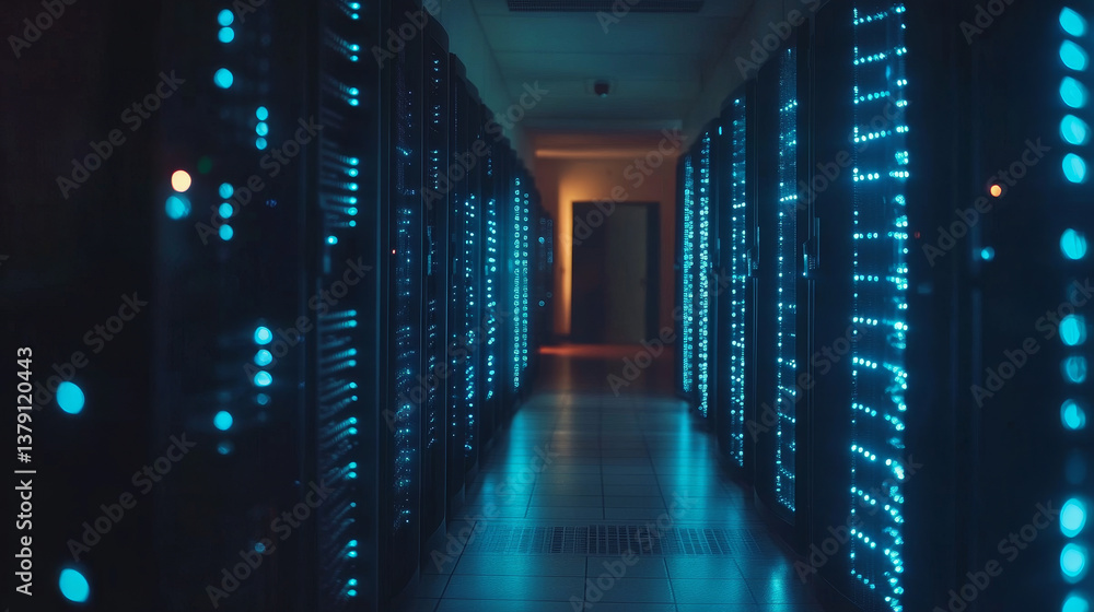 Poster wide-angle panorama shot of a working data center with rows of rack servers. blue led lights blinkin
