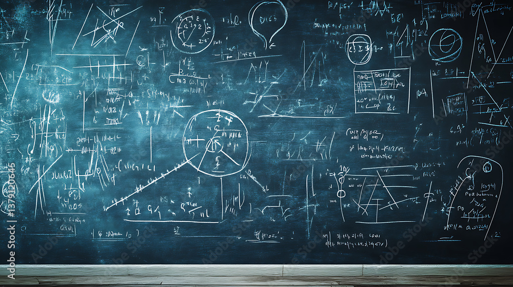 Poster Blackboard with scientific formulas and calculations in physics and mathematics, science and education background