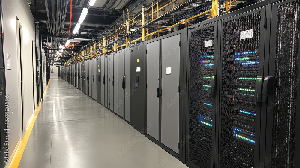 Poster shot of a working data center with rows of rack servers.