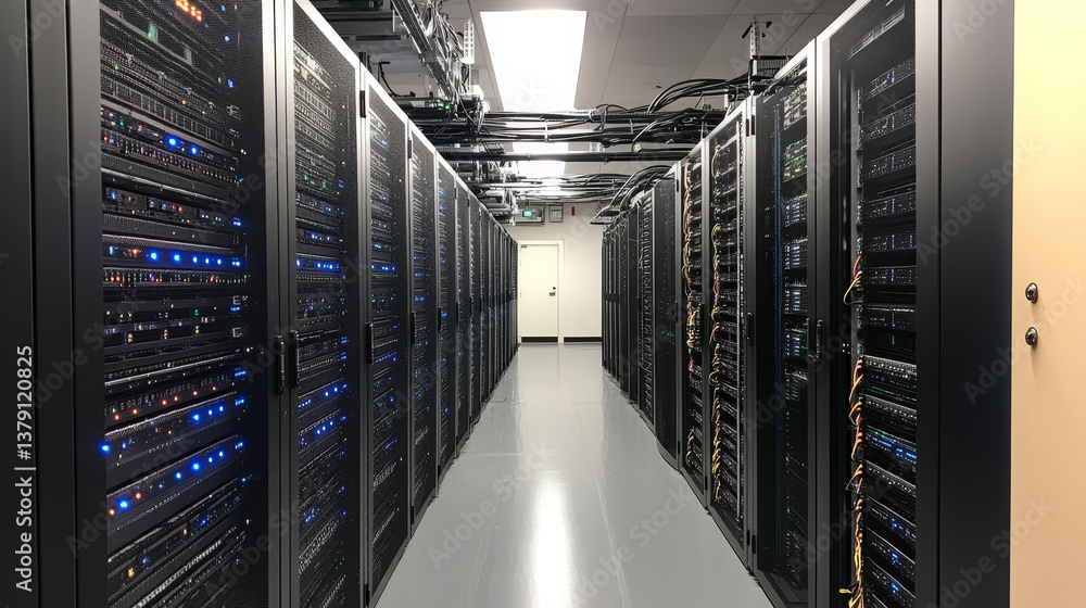Poster shot of a working data center with rows of rack servers.