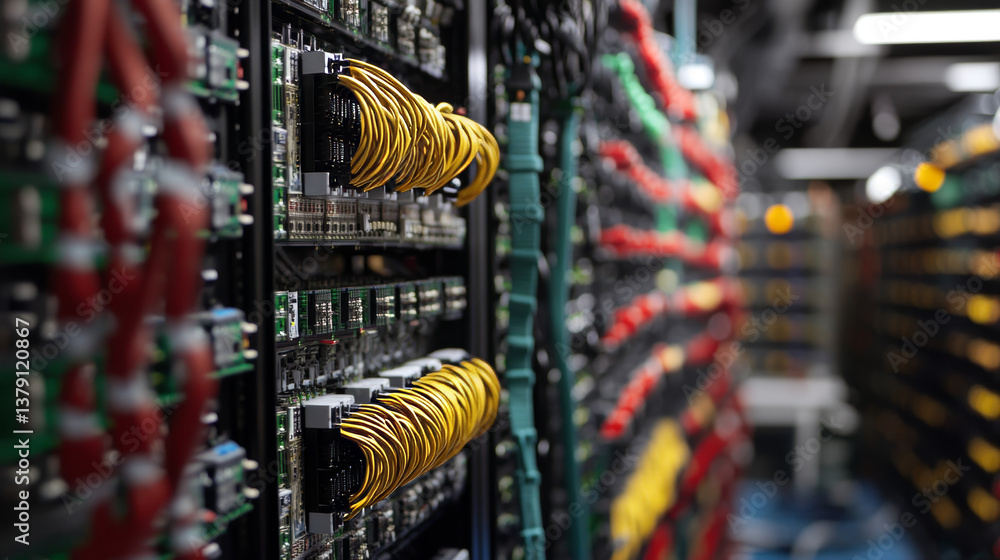 Poster shot of a working data center with rows of rack servers.