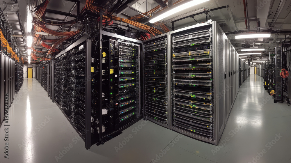 Poster shot of a working data center with rows of rack servers.