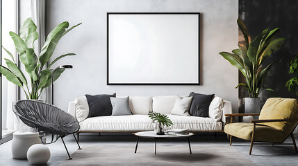 Mock up poster frame in modern interior background, living room, contemporary style, 3d render, 3d illustration