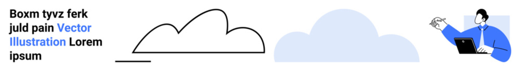 Character using a laptop while pointing to abstract elements, surrounded by cloud shapes and minimal text. Ideal for technology, cloud computing, creativity, innovation, teamwork, education