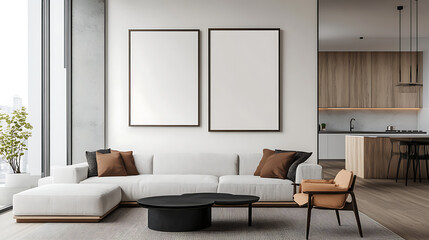 White armchair and poster on the wall, interior design of modern neoclassical living room