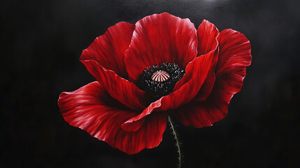 Vibrant red poppy blossom on dramatic black background, symbol of remembrance day, armistice day, anzac day