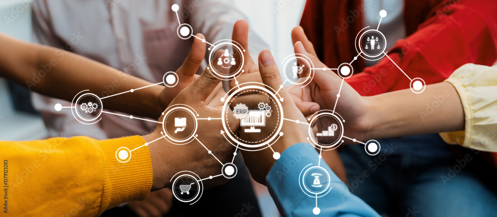 Poster a vibrant scene showcasing diverse hands coming together, symbolizing teamwork and technological int