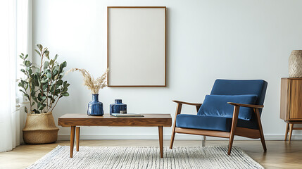 Blue armchair near wooden long coffee table against of white wall with big art canvas poster frame, mid-century interior design of modern living room