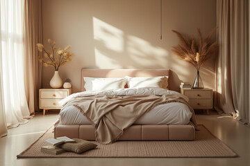 Fototapeta premium serene beige bedroom interior with soft bedding and dried flowers