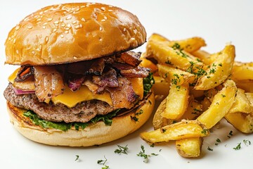 Delicious burger and french potato fries isolated on white background