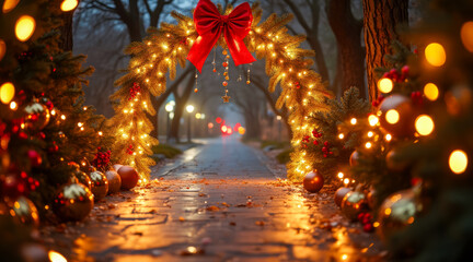 lush fir christmas archway with red bow and fairy lights