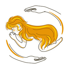 Little red-haired girl who sleeps. Her hair covers her like a blanket, and two feminine maternal hands are painted next to her, protecting her. Vector illustration isolated on a white background
