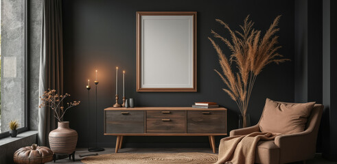 cozy living room interior with wooden sideboard armchair and candles