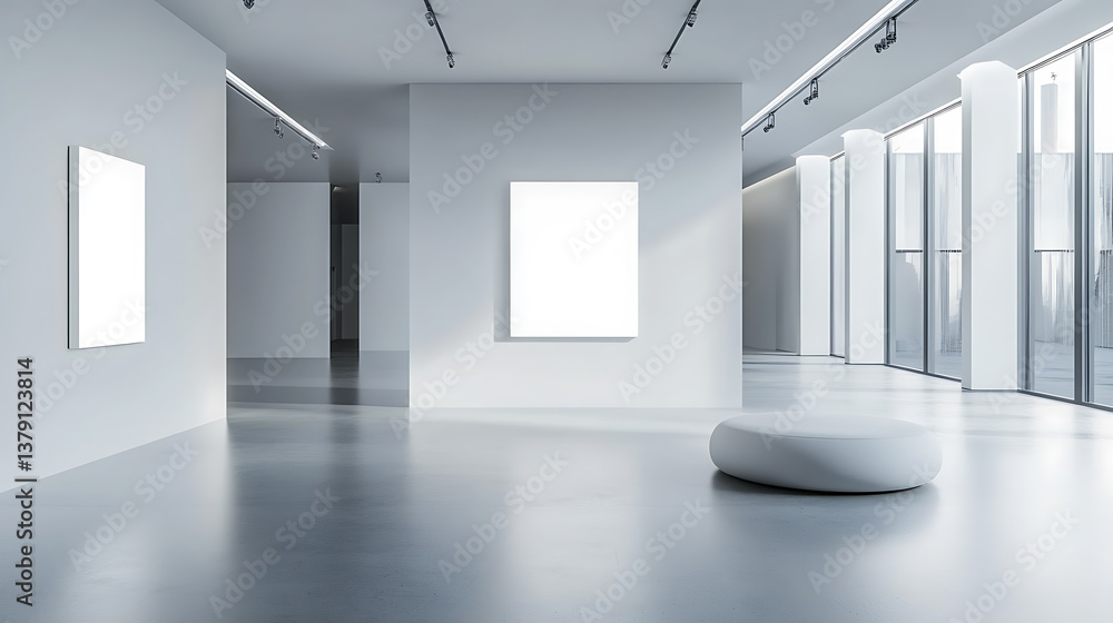 Aufkleber modern futuristic gallery interior with empty white mock up poster on wall, 3d rendering