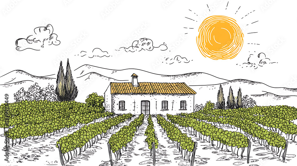 Poster vineyard with rows of grape vines and house, simple line drawing illustration style