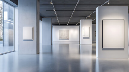 Modern gallery room with illuminated posters on white walls and concrete pillars, clean exhibition design