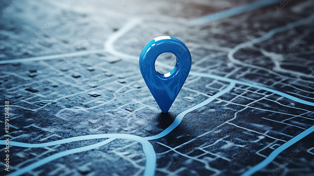 Poster Locator mark of map and location pin or navigation icon sign on blue background with search concept, 3d rendering