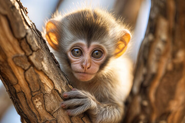 Baby monkey. Tiny primate. Tree branch. Cute animal. Curious gaze. Wildlife scene. Natural habitat. Infant macaque. Small mammal. Expressive eyes.