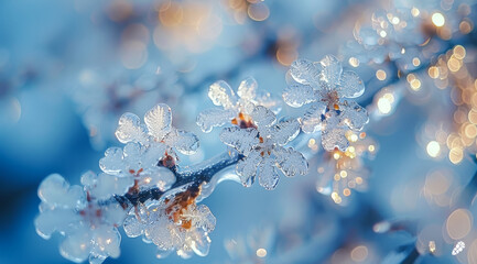 Beautiful ice-covered blossoms in winter. Delicate blossoms are covered in ice, sparkling in winter light. A serene winter landscape showcases nature's beauty.