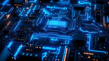 Fototapeta premium Blue neon computer motherboard background, technology design