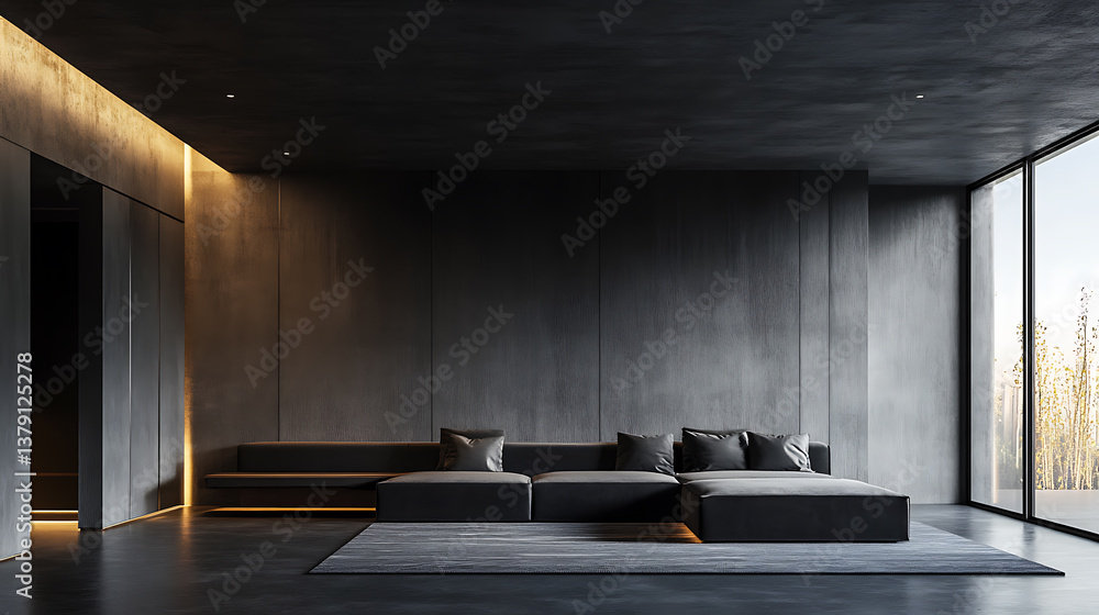 Poster modern minimalist empty dark living room with a low dark concrete ceiling and a black sofa in the mi