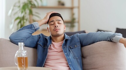 Young man experiencing distress and exhaustion in a cozy indoor living space while dealing with alcohol-related issues