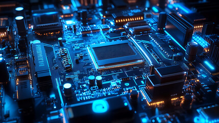 Fototapeta premium Blue neon computer motherboard background, technology design