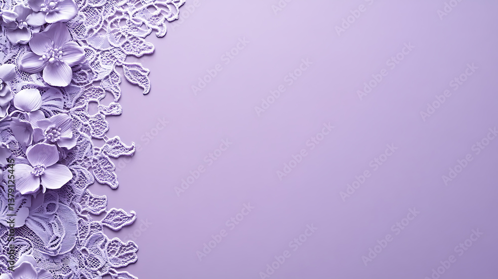 Poster violet purple background with lace-inspired floral patterns on the left side, creating an elegant an