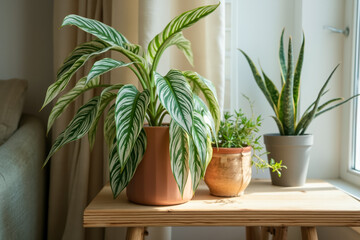Obraz premium three potted plants with diverse leaf and textures on a wooden table bathed in sunlight