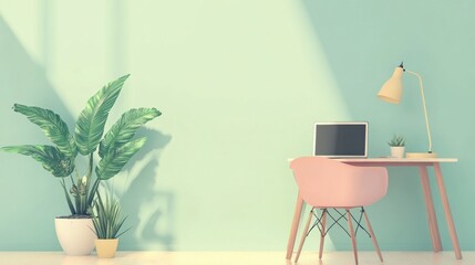 Cozy remote work setup featuring plants, a chair, a lamp, and a tablet on a pastel background for a productive workspace