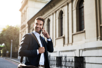 Business, phone call and man in city, smile and conversation with communication, travel and lawyer....