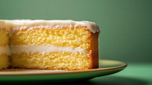 Close-up of a slice of vanilla layer cake with white frosting on a plate.