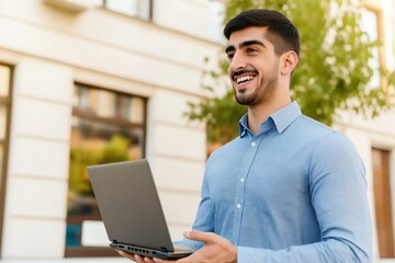 Fototapeta premium Businessman smiling confidently while holding a laptop outdoors in a vibrant urban setting during daytime