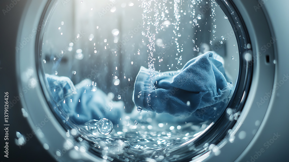 Aufkleber washing machine or detergent with floating clothes under water with bubbles and wet splashes