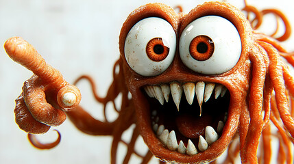 Cartoon Monster Character with Orange Tentacles and Googly Eyes and Large Pointing Hand on Plain Background