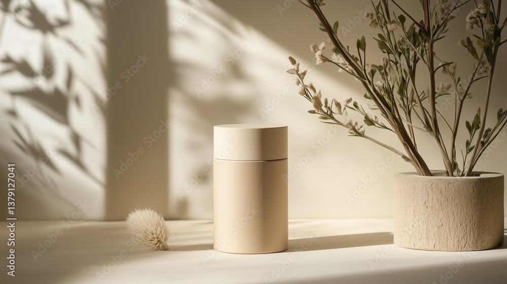 Poster minimalist arrangement with natural elements on a light surface showcasing soft shadows and a neutra