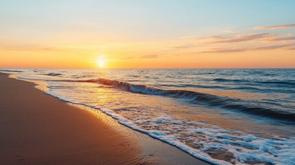 Fototapeta premium Digital Detox Retreats, A serene beach scene at sunset, with gentle waves lapping at the shore under a colorful sky.
