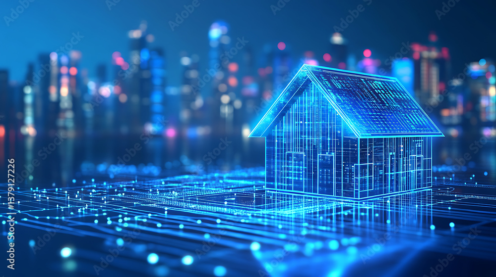 Poster modern smart home, against the background high-rise buildings, development architecture computer sys