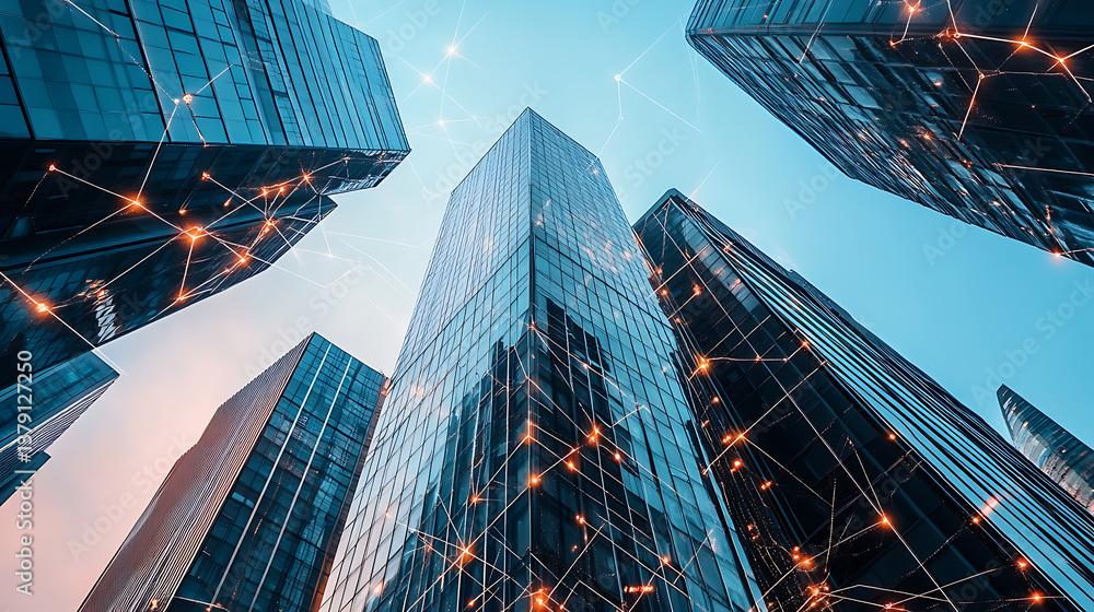 Aufkleber modern skyscrapers connected digitally, representing the integration of technology in real estate bu