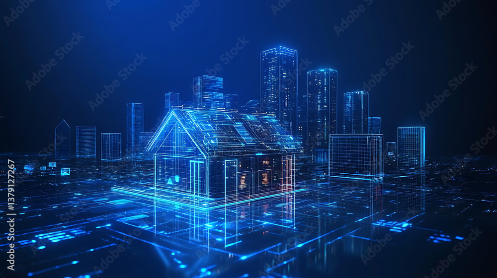 Poster modern smart home, against the background high-rise buildings, development architecture computer sys