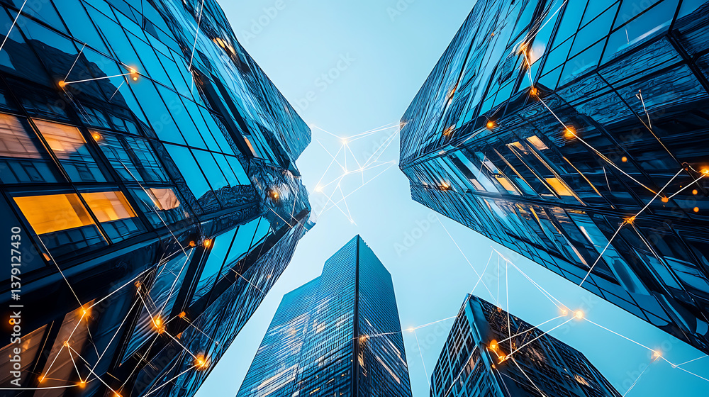 Poster Modern skyscrapers connected digitally, representing the integration of technology in real estate business models and building management systems
